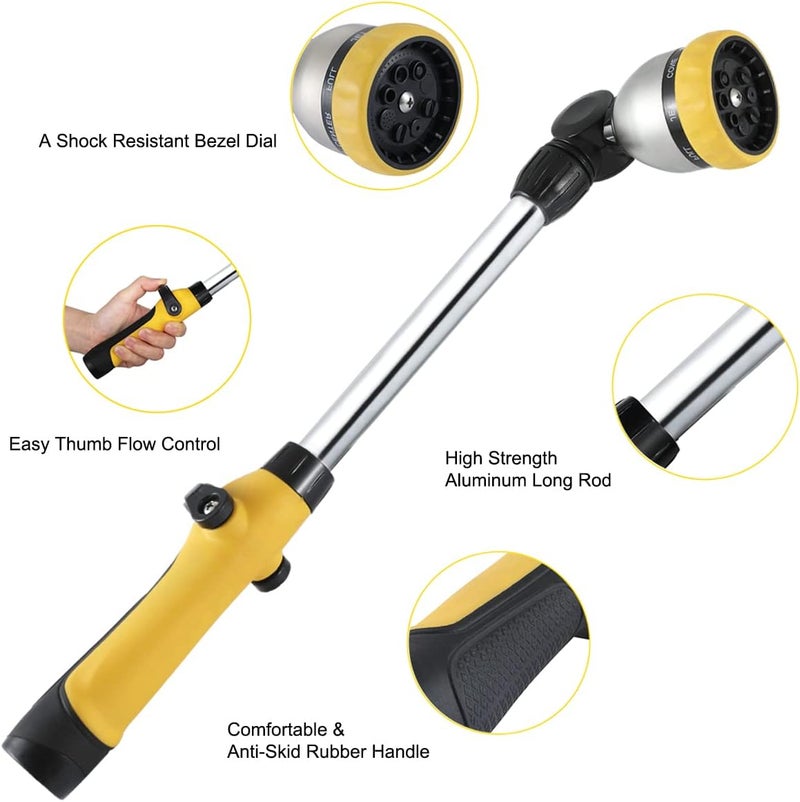 Fanhao 16 Inches Garden Watering Wand, 180° Rotating Head Hose Wand with Thumb Control Shut Off Valve 8 Patterns Heavy Duty Garden Hose Nozzle Yellow - Image 3